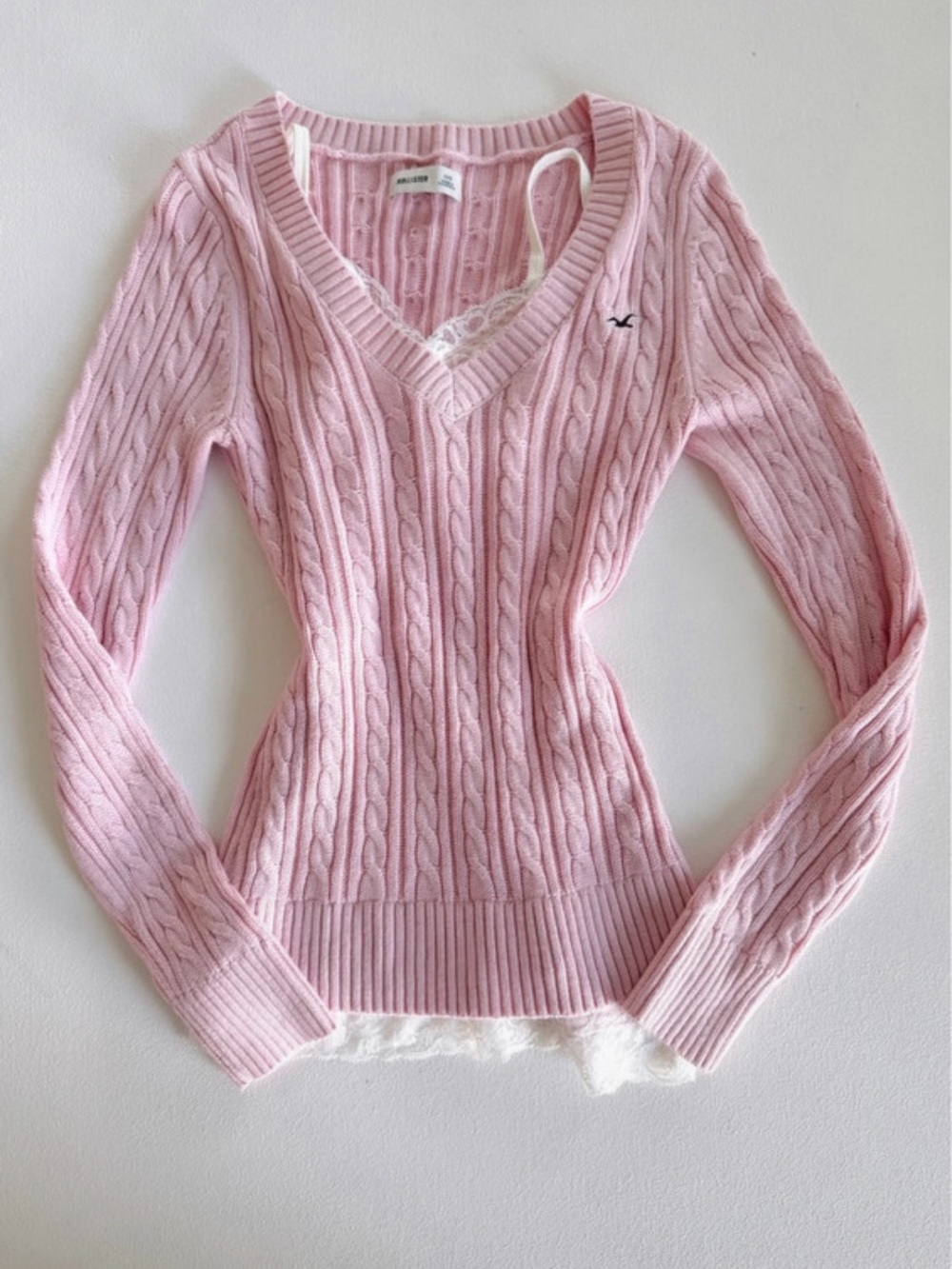 Hollister Pink Cable Knit V-Neck Sweater XS
